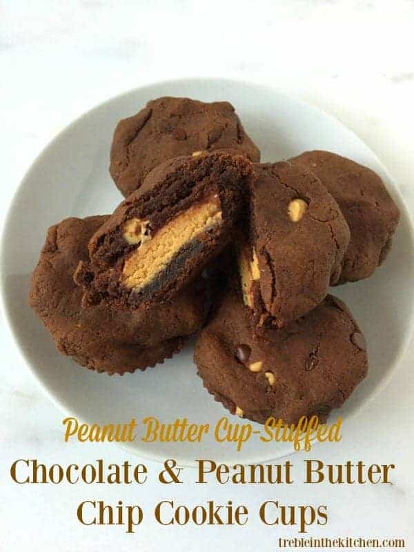 Peanut Butter Cup Stuffed Chocolate Peanut Butter Chip Cookie Cups from Treble in the Kitchen