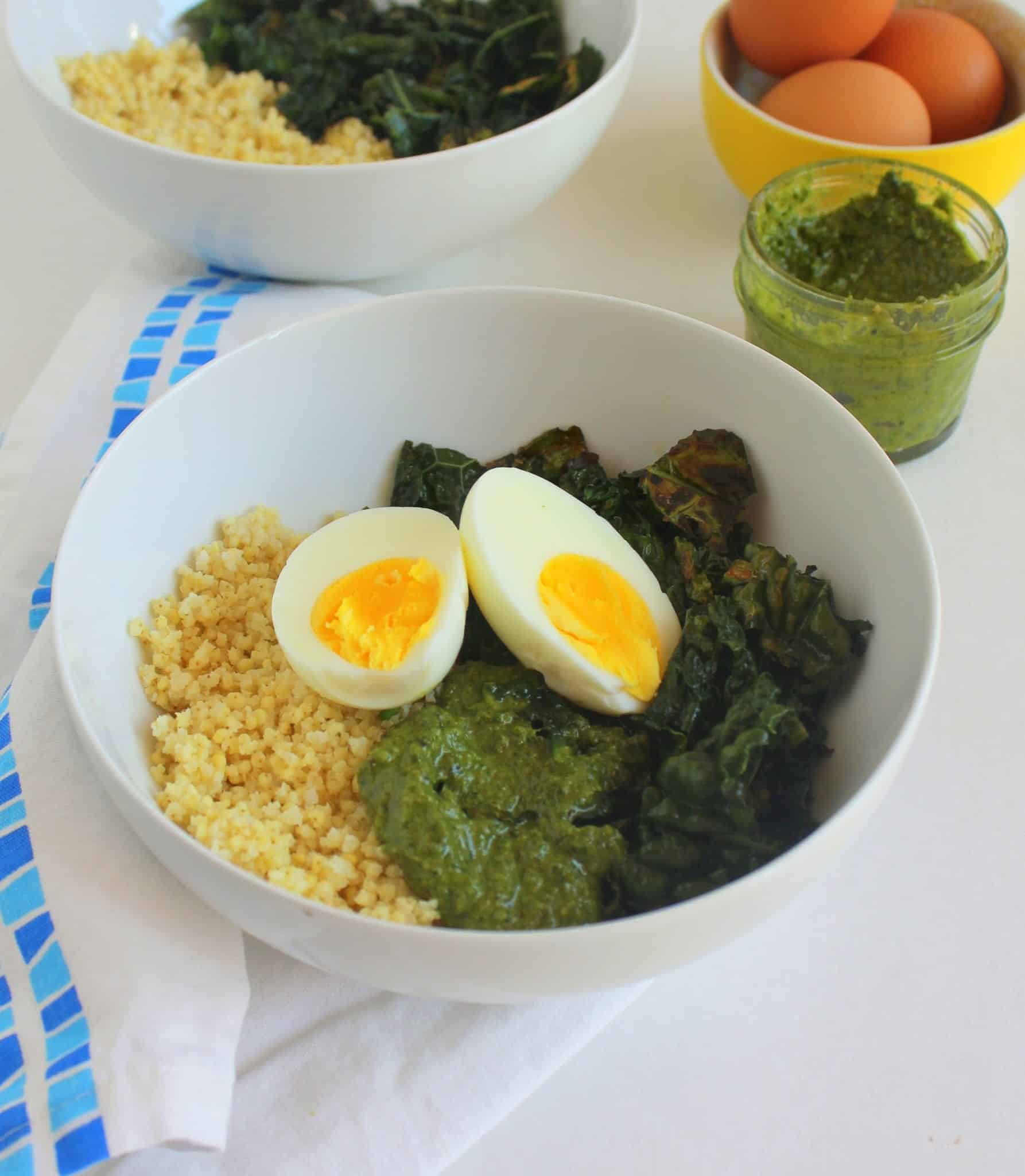 kale and pesto millet bowls via treble in the kitchen