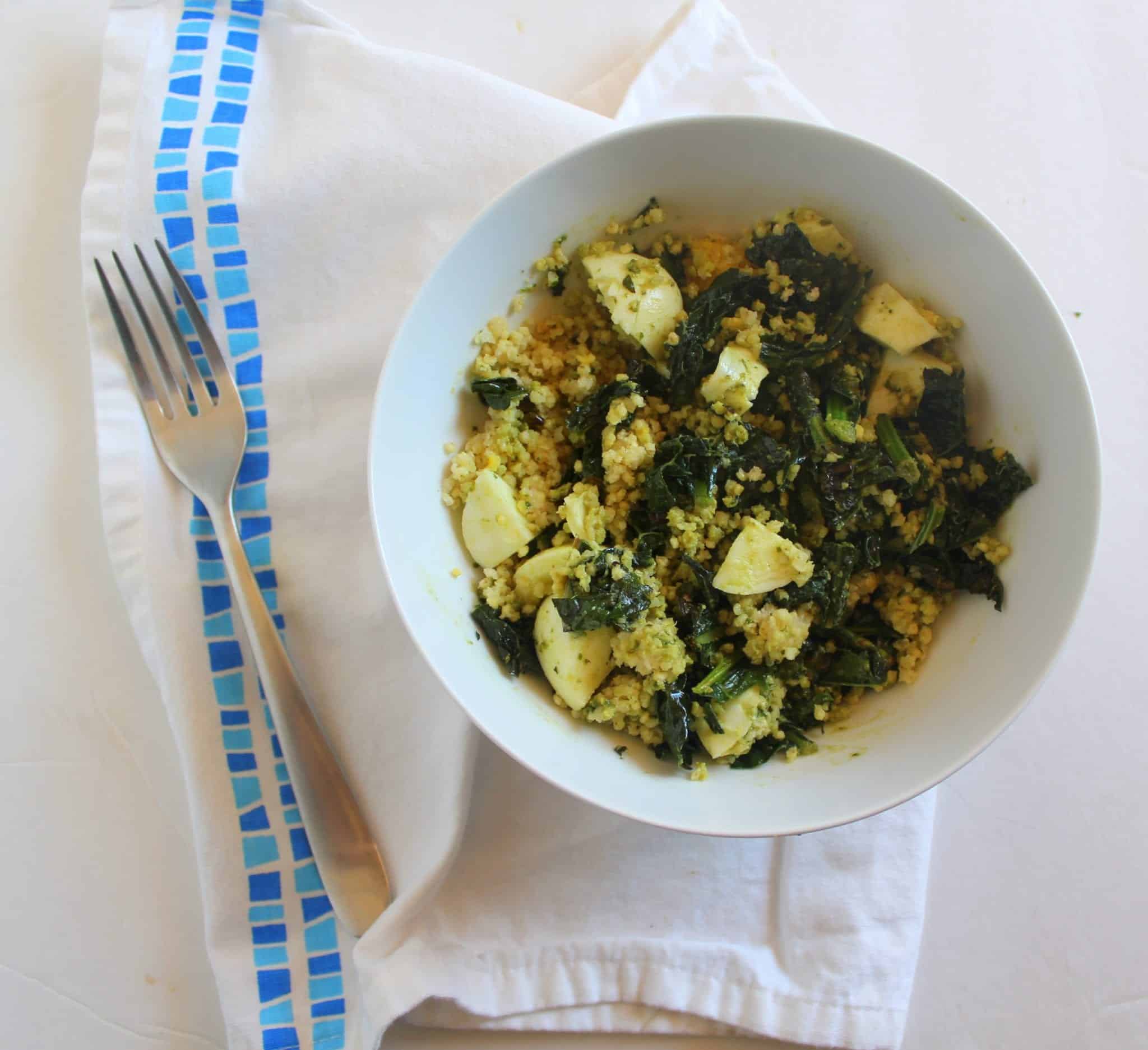 kale and pesto millet bowls via treble in the kitchen