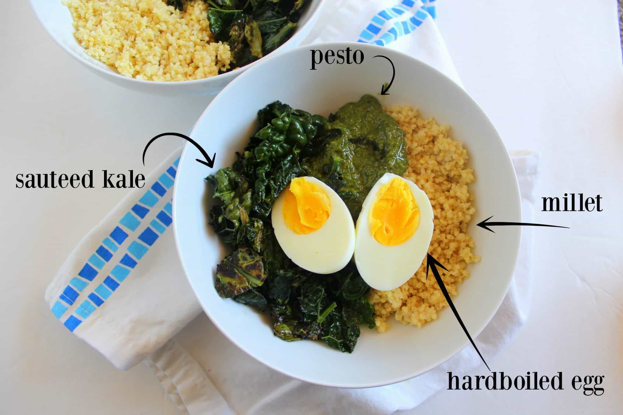 kale and pesto millet bowls via treble in the kitchen