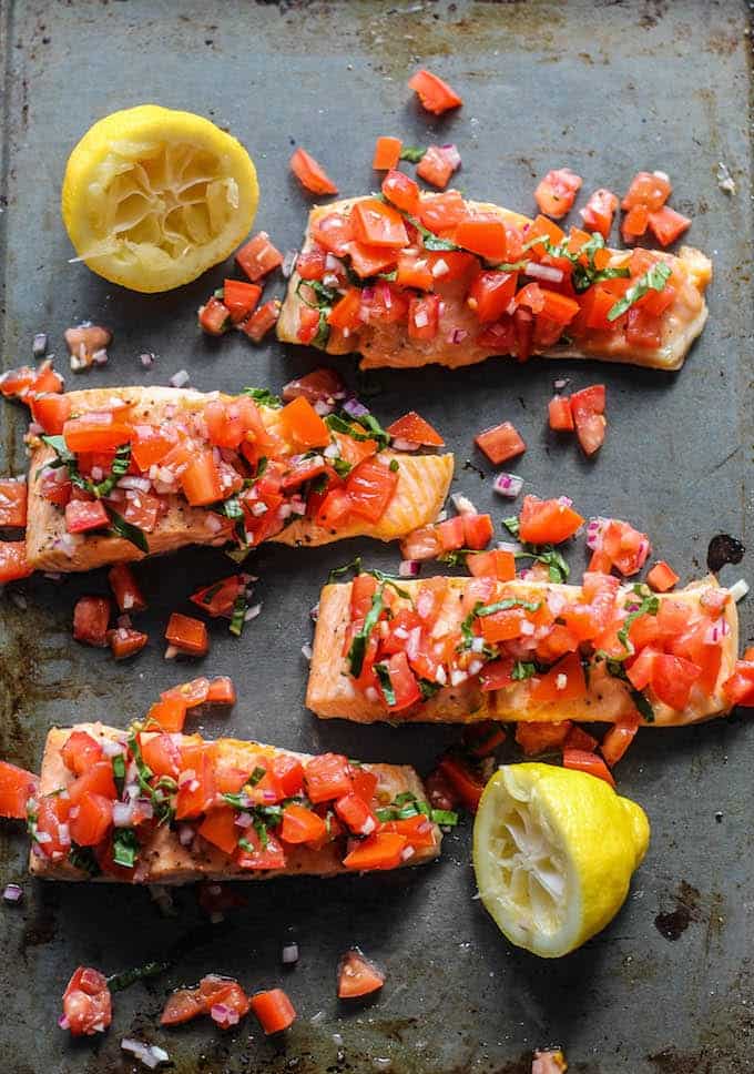 roasted salmon with tomato basil relish by destination delish