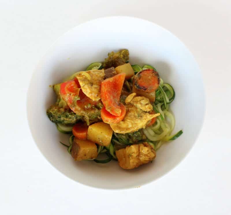 Chicken and Vegetable Banana Curry over Zucchini Noodles from Treble in the Kitchen