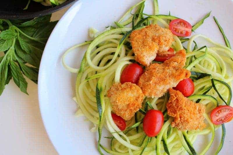 Lemon Herb Zoodles with Almond Chicken from Treble in the Kitchen paleo, gluten free, grain free, dairy free