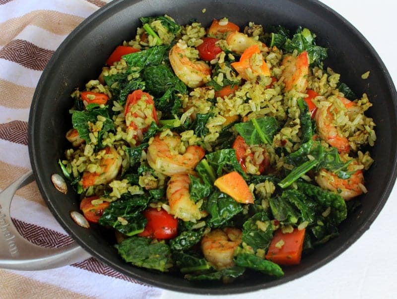 Pesto Tomato Kale and Shrimp Skillet from Treble in the Kitchen