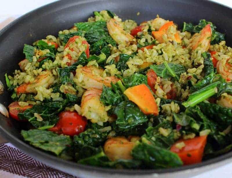 Pesto Tomato Kale and Shrimp Skillet from Treble in the Kitchen