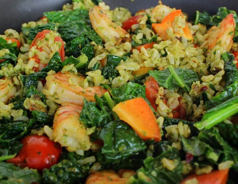 Pesto Tomato Kale and Shrimp Skillet from Treble in the Kitchen