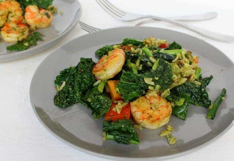 Pesto Tomato Kale and Shrimp Skillet from Treble in the Kitchen