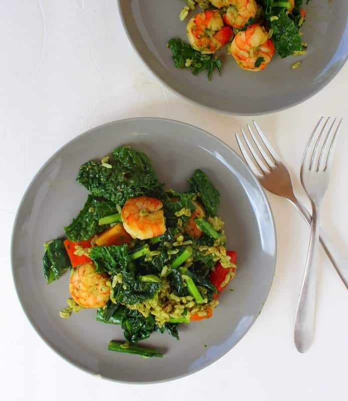 Pesto Tomato Kale and Shrimp Skillet from Treble in the Kitchen