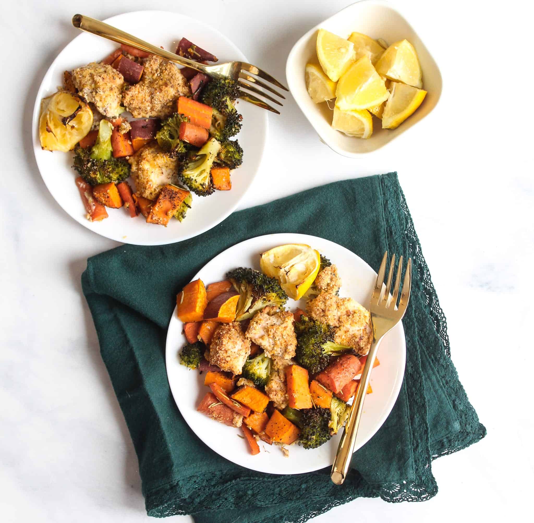 Sheet Pan Baked Almond Chicken Tenders and Roasted Vegetables #glutenfree #dairyfree #lowfodmap #healthydinner