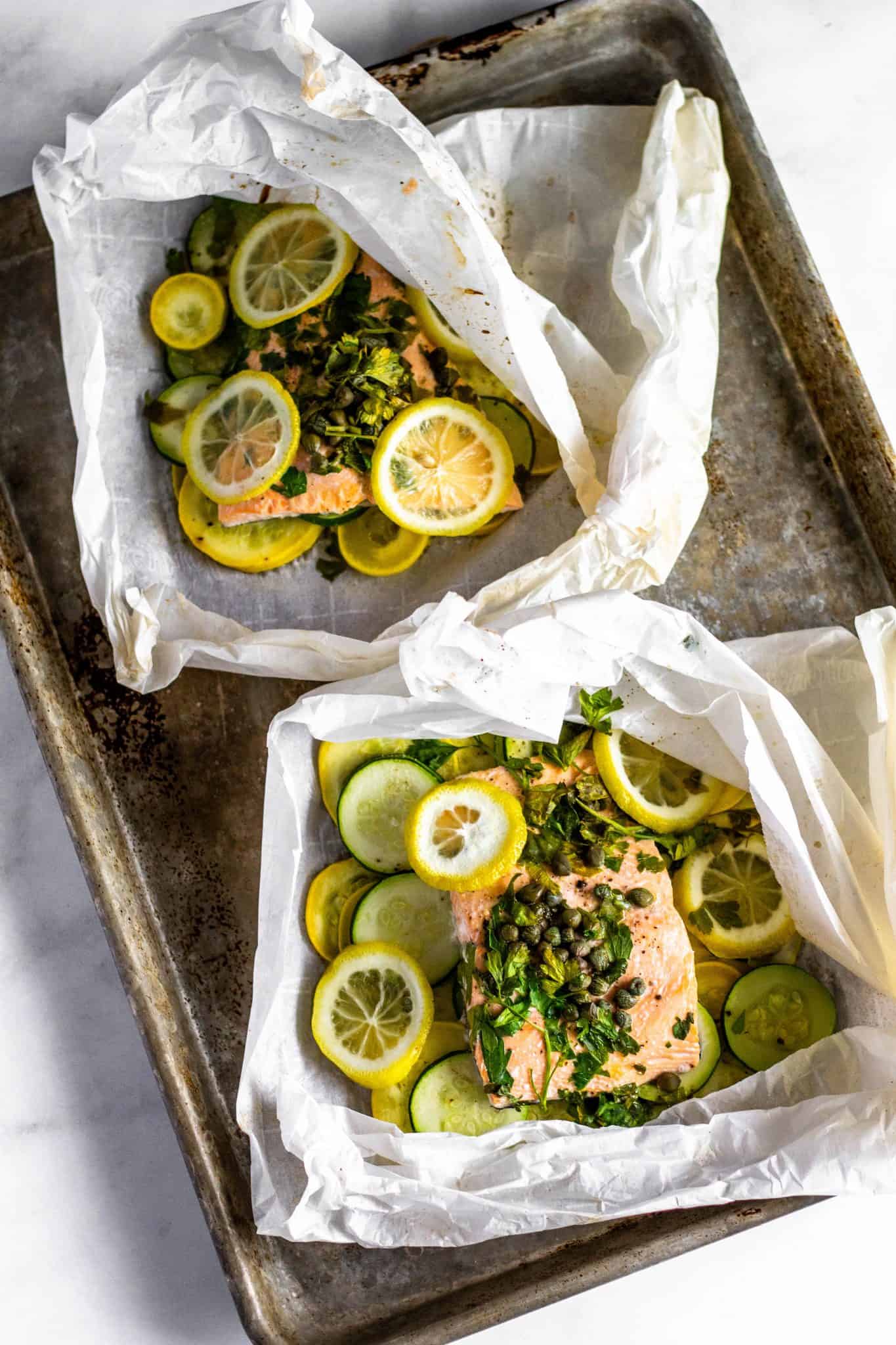 Lemon-Caper Fish and Veggies En Papillote #tararochfordnutrition #healthydinner