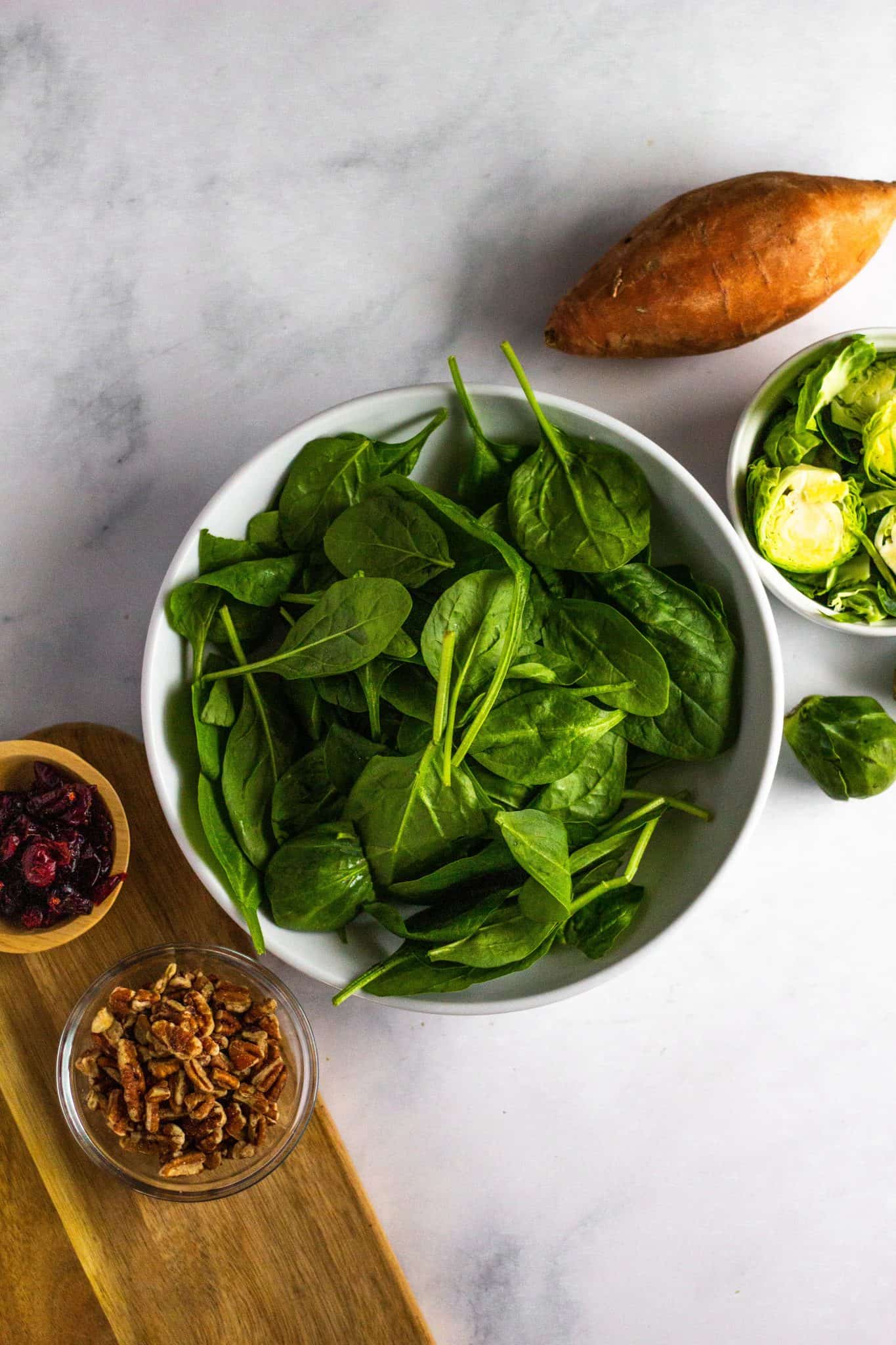 Brussels and Greens Salad with Roasted Sweet Potatoes, Pecans and Cranberries #fallsalad