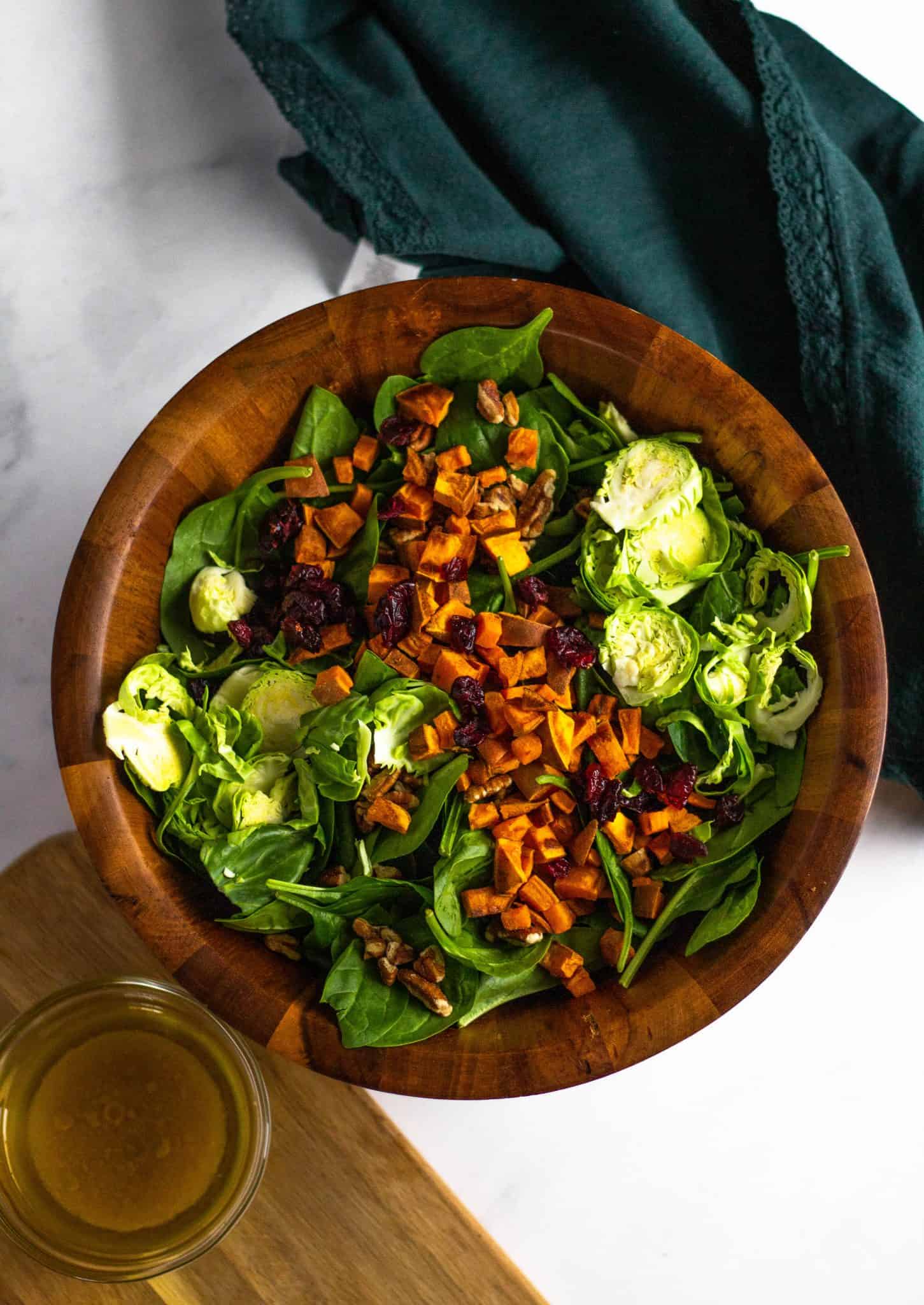 Brussels and Greens Salad with Roasted Sweet Potatoes, Pecans and Cranberries #fallsalad