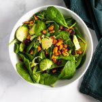 Brussels and Greens Salad with Roasted Sweet Potatoes, Pecans and Cranberries